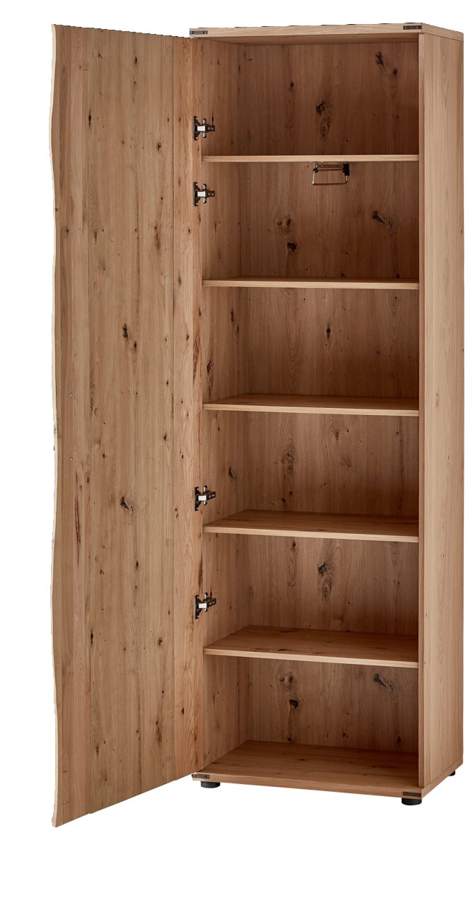 Offener Garderobenschrank aus Holz mit mehreren Regalböden, seitliche Perspektive