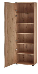 Offener Garderobenschrank aus Holz mit mehreren Regalböden, seitliche Perspektive