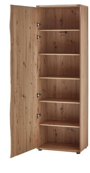 Offener Garderobenschrank aus Holz mit mehreren Regalböden, seitliche Perspektive