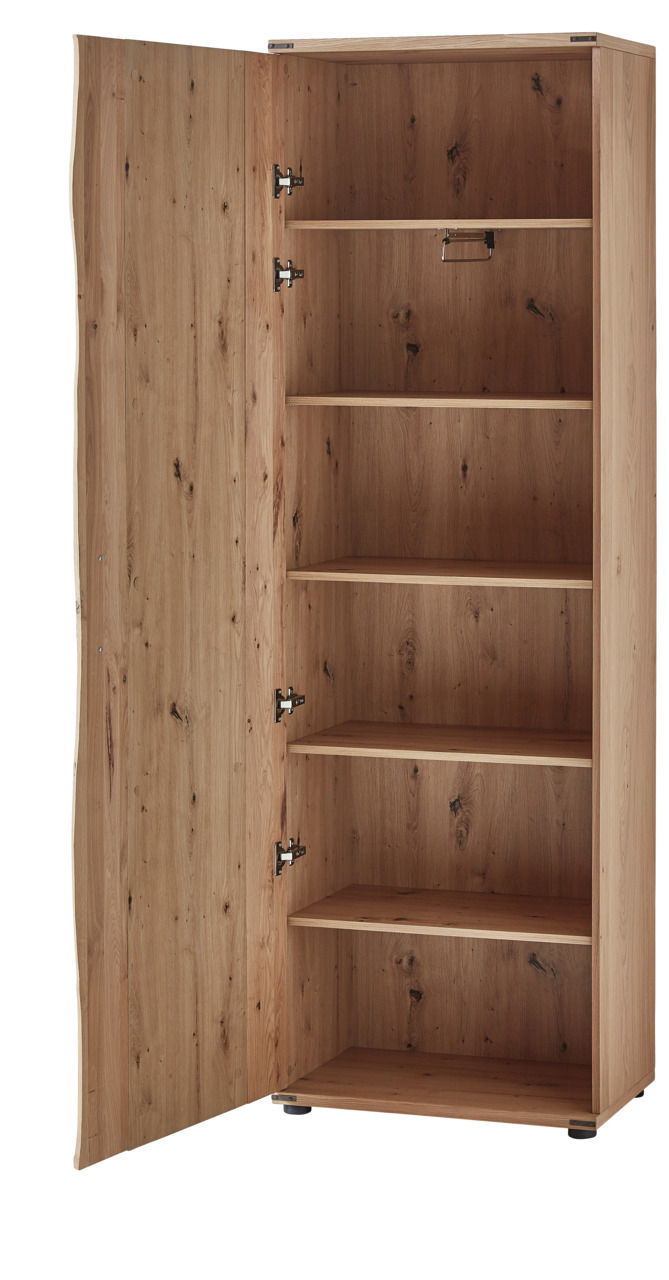 Offener Garderobenschrank aus Holz mit mehreren Regalböden, seitliche Perspektive