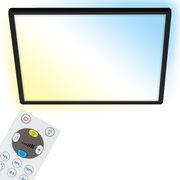 LED-Deckenleuchte mit Fernbedienung, Ansicht von unten, zeigt ein rechteckiges, schlankes Design mit einstellbarer Farbtemperatur.