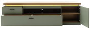 Modernes TV-Lowboard in Olivgrün mit Holzplatte und LED-Lichtleiste, mit geöffneter Schublade und geöffneter Tür, Frontansicht.
