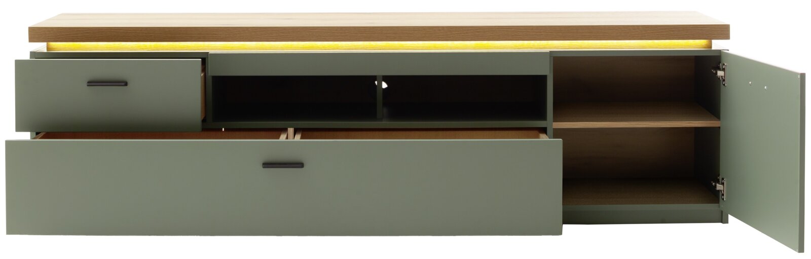 Modernes TV-Lowboard in Olivgrün mit Holzplatte und LED-Lichtleiste, mit geöffneter Schublade und geöffneter Tür, Frontansicht.