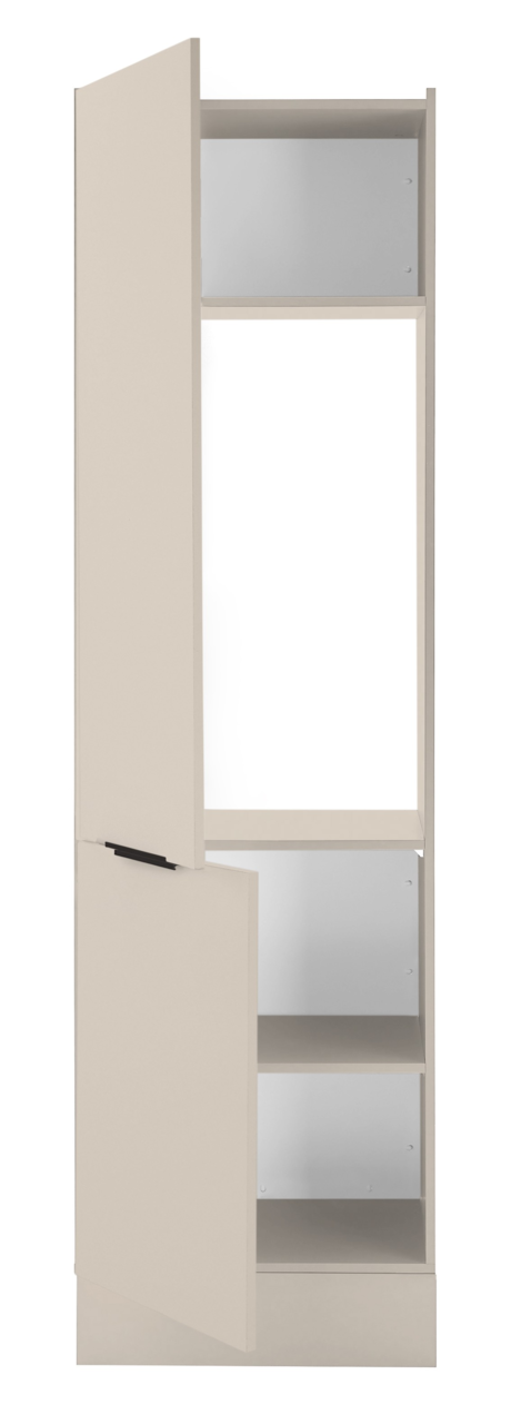 Hoher, schmaler Hochschrank in Beige mit zwei geöffneten Türen und mehreren Regalfächern, freigestellt auf weißem Hintergrund, Seitenansicht in leichter Schrägperspektive von vorn