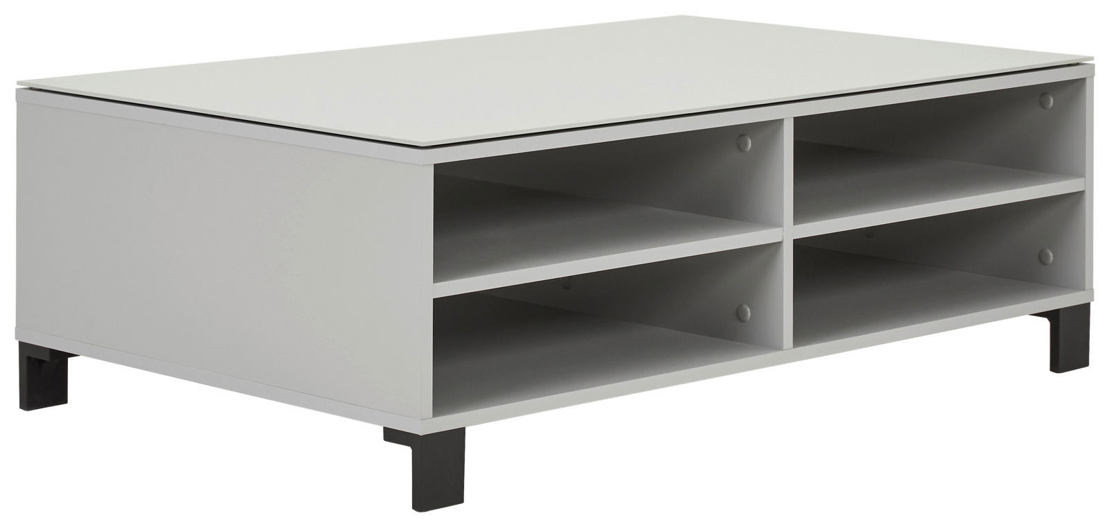 Moderner Couchtisch in Grau mit vier offenen Fächern, seitliche Perspektive