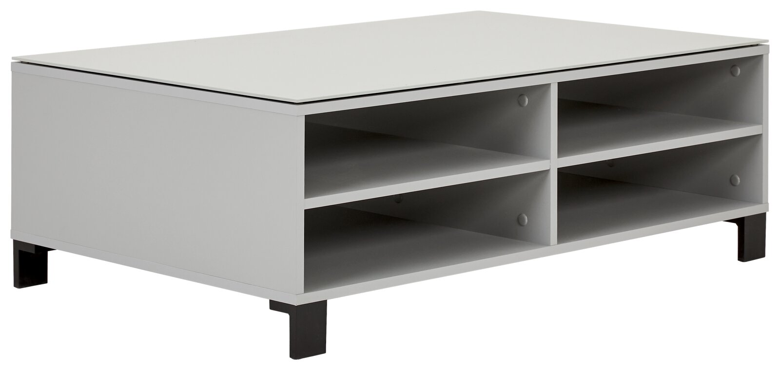 Moderner Couchtisch in Grau mit vier offenen Fächern, seitliche Perspektive