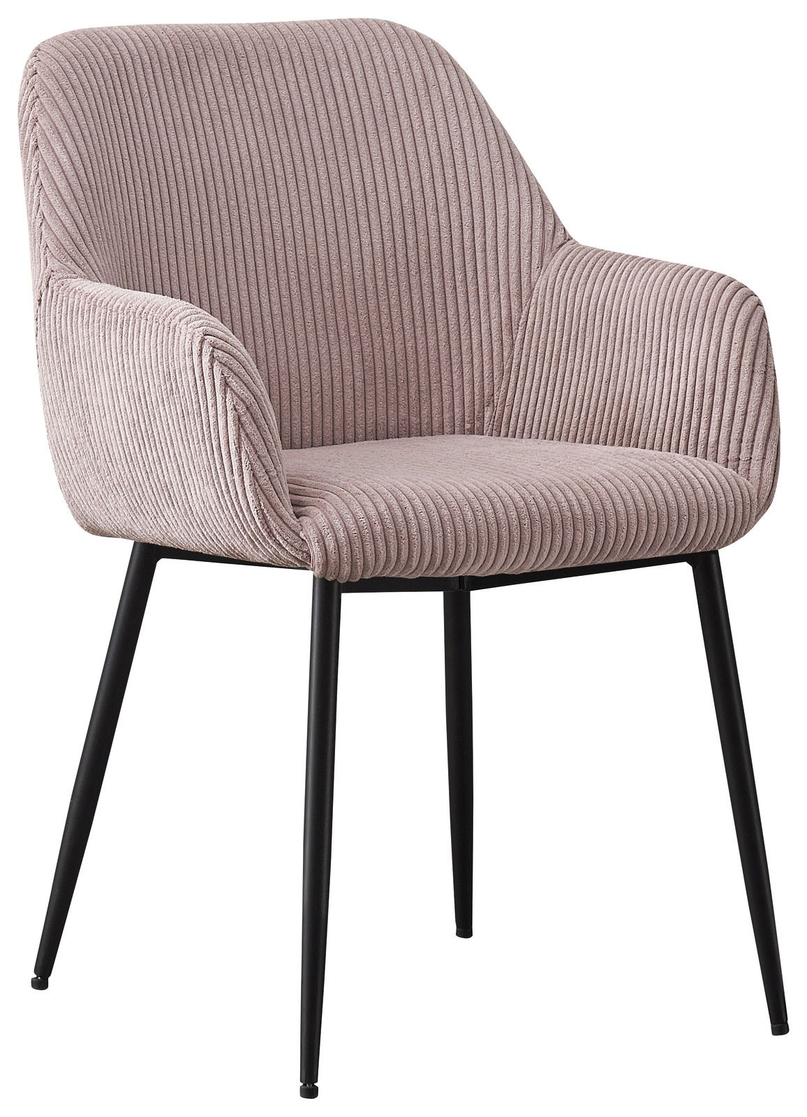 XORA Armlehnstuhl JESSY Moderner Armlehnstuhl mit geripptem Stoffbezug in Rosa und schwarzen Metallbeinen, seitliche Perspektive