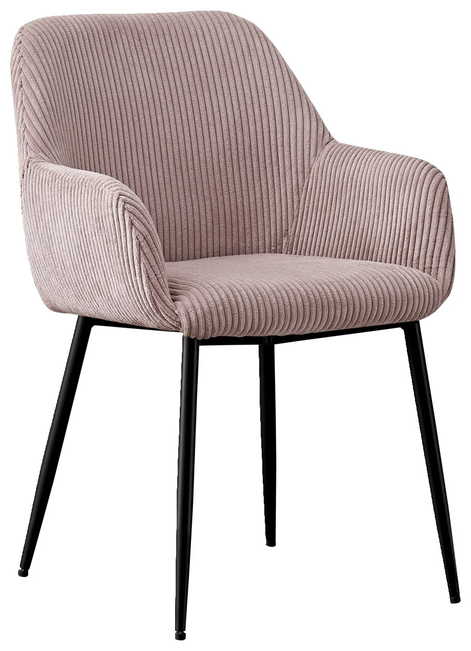 Moderne fauteuil met geribbelde stoffen bekleding in roze en zwarte metalen poten, zijaanzicht