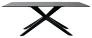 Moderner Esstisch mit schwarzer X-förmiger Metallbasis, seitliche Perspektive