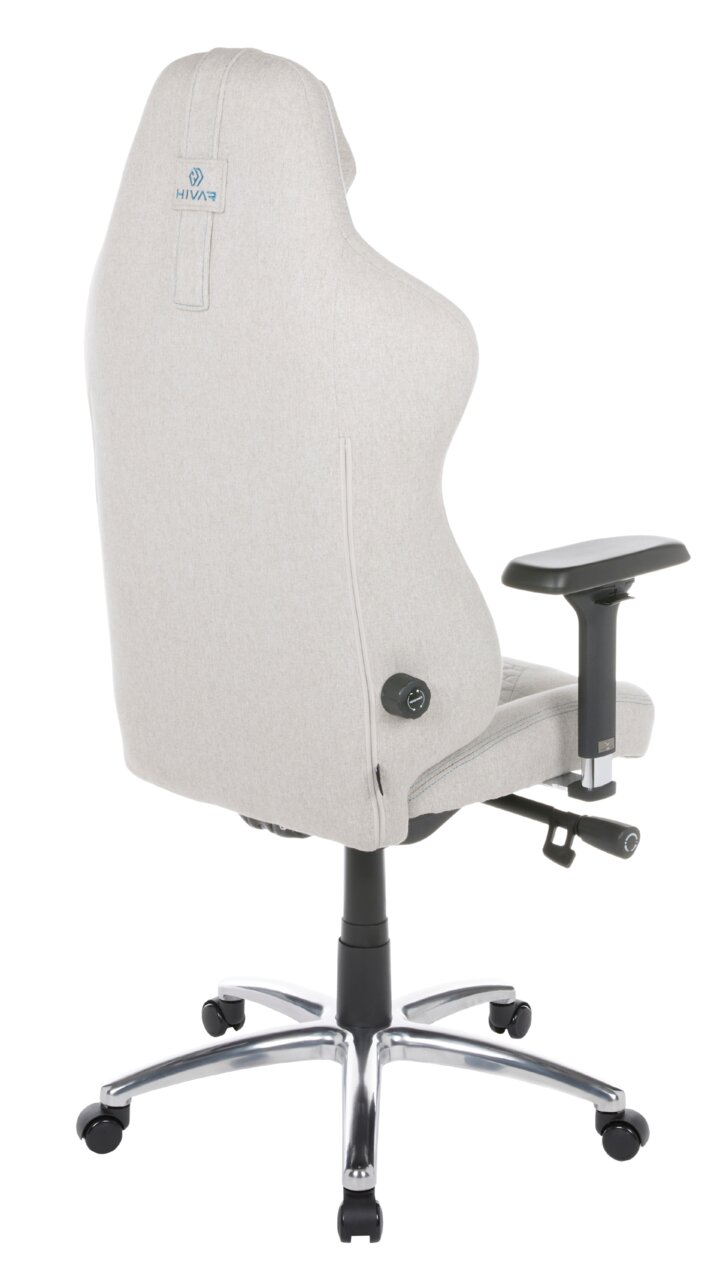 HIVAR Gaming Stuhl ORBICAL Rückansicht eines grauen Gaming-Stuhls mit verstellbaren Armlehnen und stabiler Metallbasis auf Rollen.