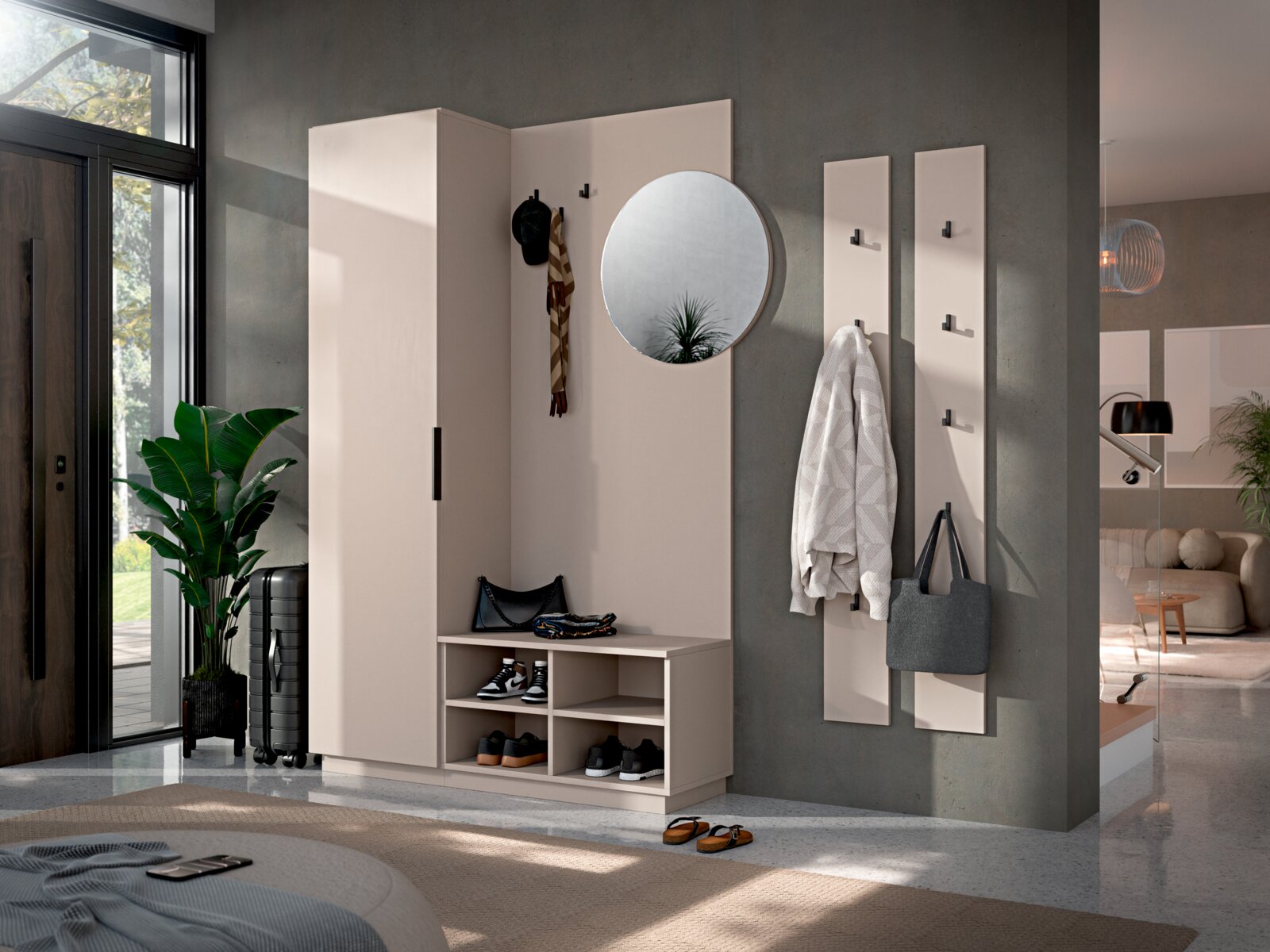 Moderne Garderobenkombination in Beige im Flur, bestehend aus hohem Schrank, Sitzbank mit Schuhfächern, Wandpaneel mit rundem Spiegel sowie zwei schmalen Hakenleisten – Ansicht frontal in leichter Perspektive von links.