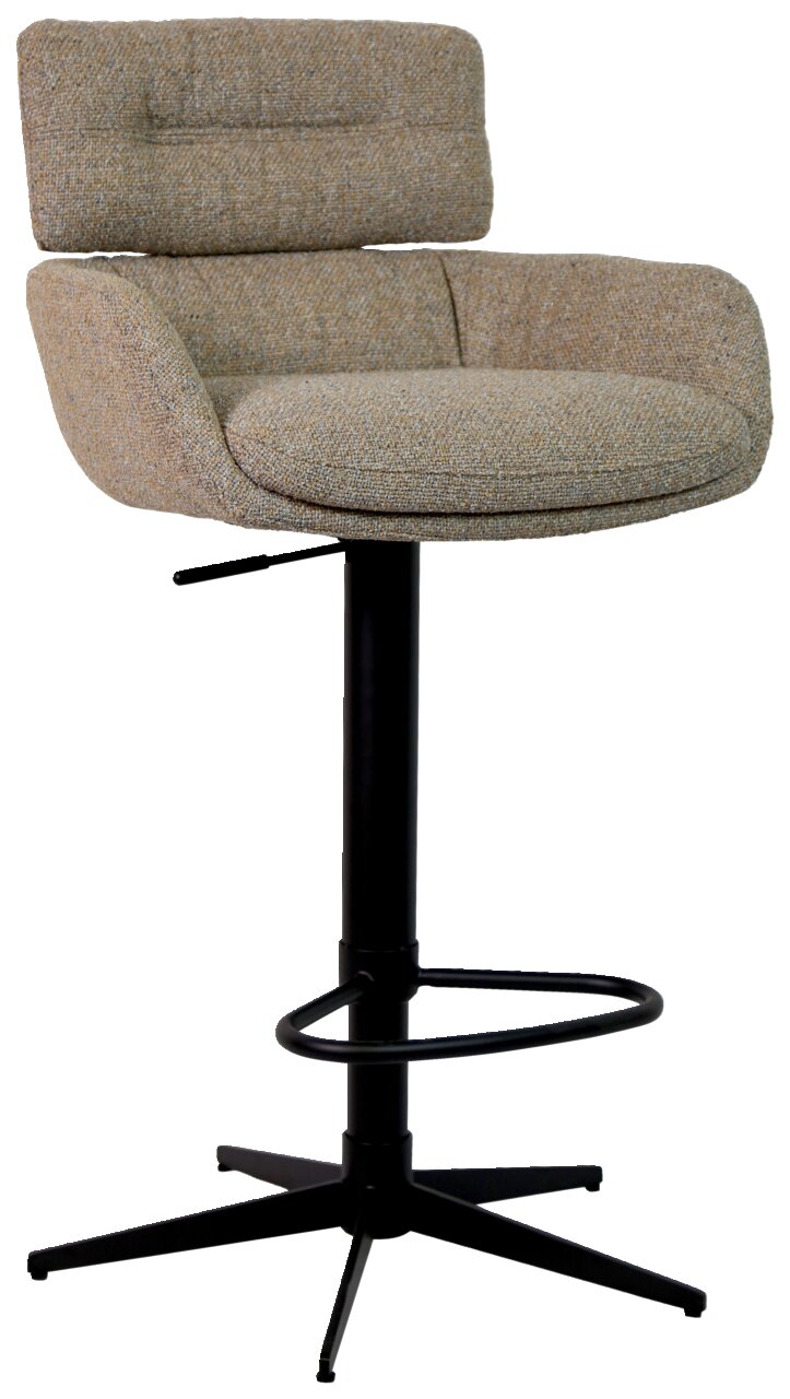 Moderner Barhocker mit gepolstertem Sitz und Rückenlehne in beige, schwarzem Metallgestell und Fußstütze, seitliche Perspektive