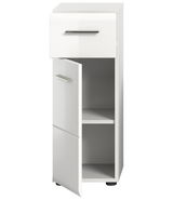 Weißer Standschrank mit einer Schublade und zwei offenen Türen, frontal betrachtet.