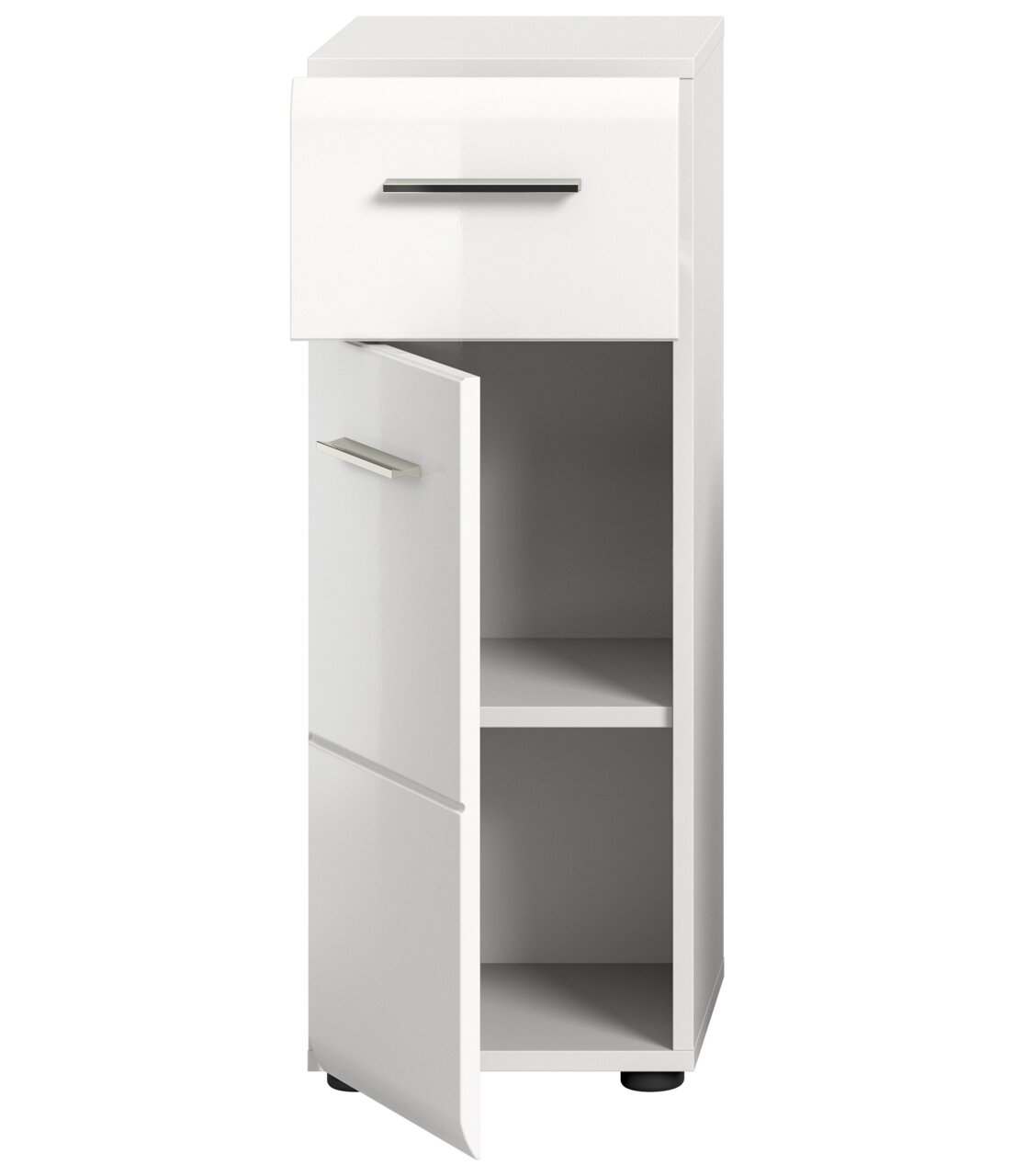 Weißer Standschrank mit einer Schublade und zwei offenen Türen, frontal betrachtet.