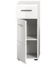 Weißer Standschrank mit einer Schublade und zwei offenen Türen, frontal betrachtet.