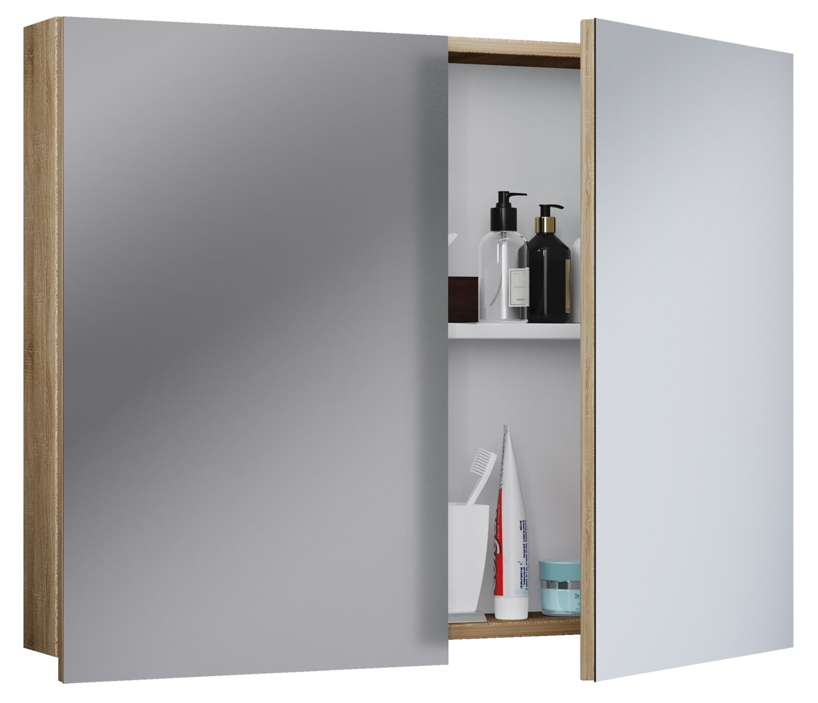 Offener Badezimmerschrank/Spiegelschrank mit zwei Spiegeltüren, Holzrahmen und weißen Innenböden, mit Pflegeprodukten bestückt, in schräger Frontansicht (leicht von links)