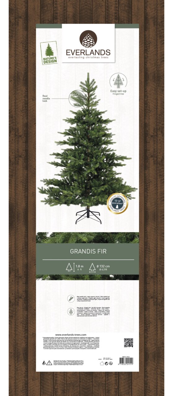 Kunstkerstboom Grandis Fir, 1,8 m hoog, diameter 132 cm, met realistisch naaldblad en eenvoudig op te zetten, vooraanzicht.