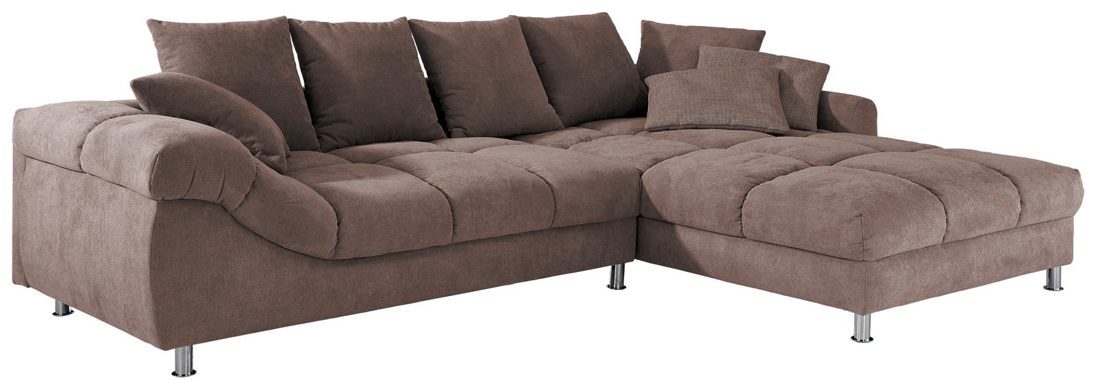 Braune Rundecke (L) mit weichen Kissen und Metallfüßen, Perspektive von vorne rechts.