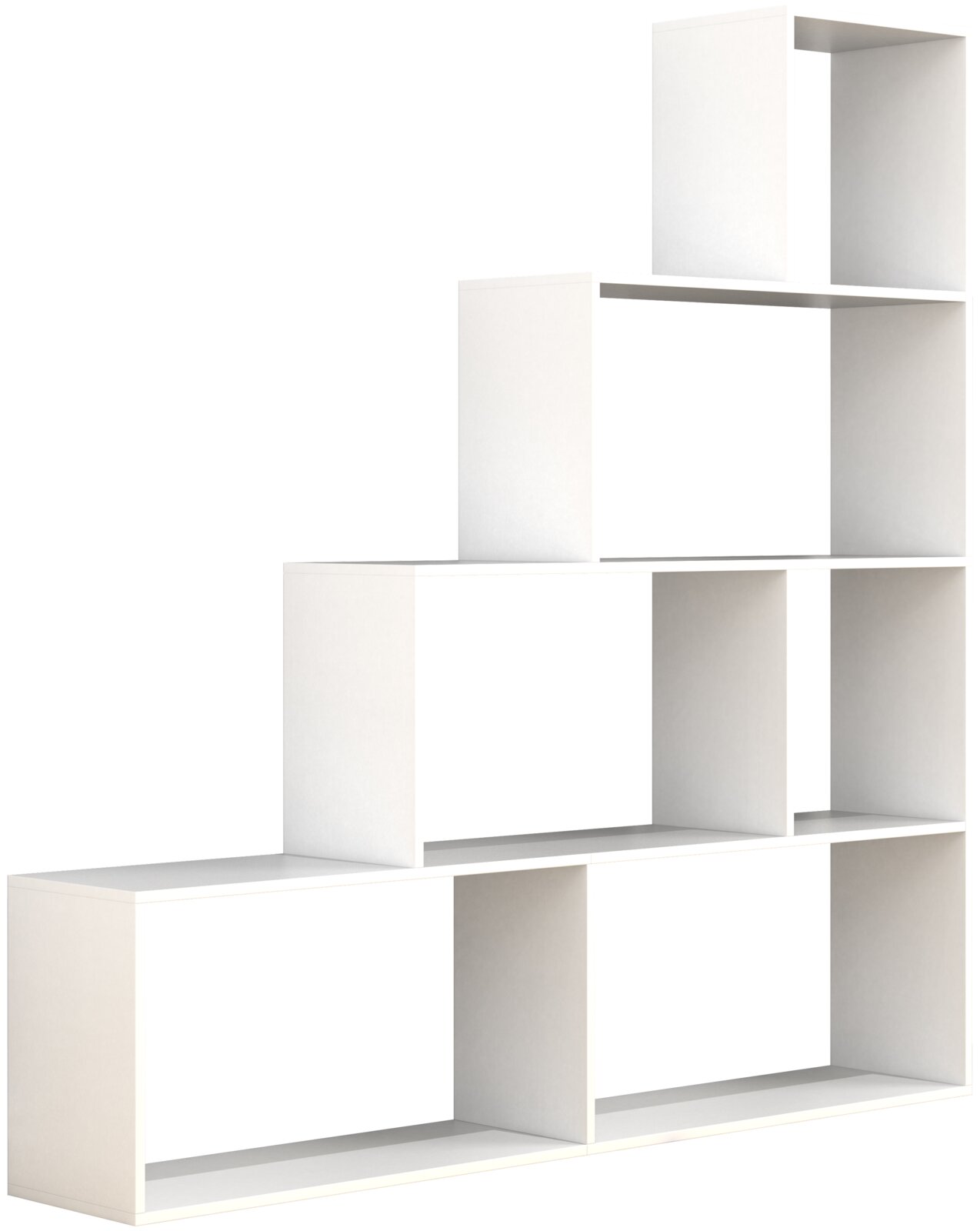Weißes, stufenförmig aufgebautes Würfelregal/Regalsystem mit offenen Fächern, freigestellt auf weißem Hintergrund, Ansicht schräg von vorne (3/4-Perspektive)