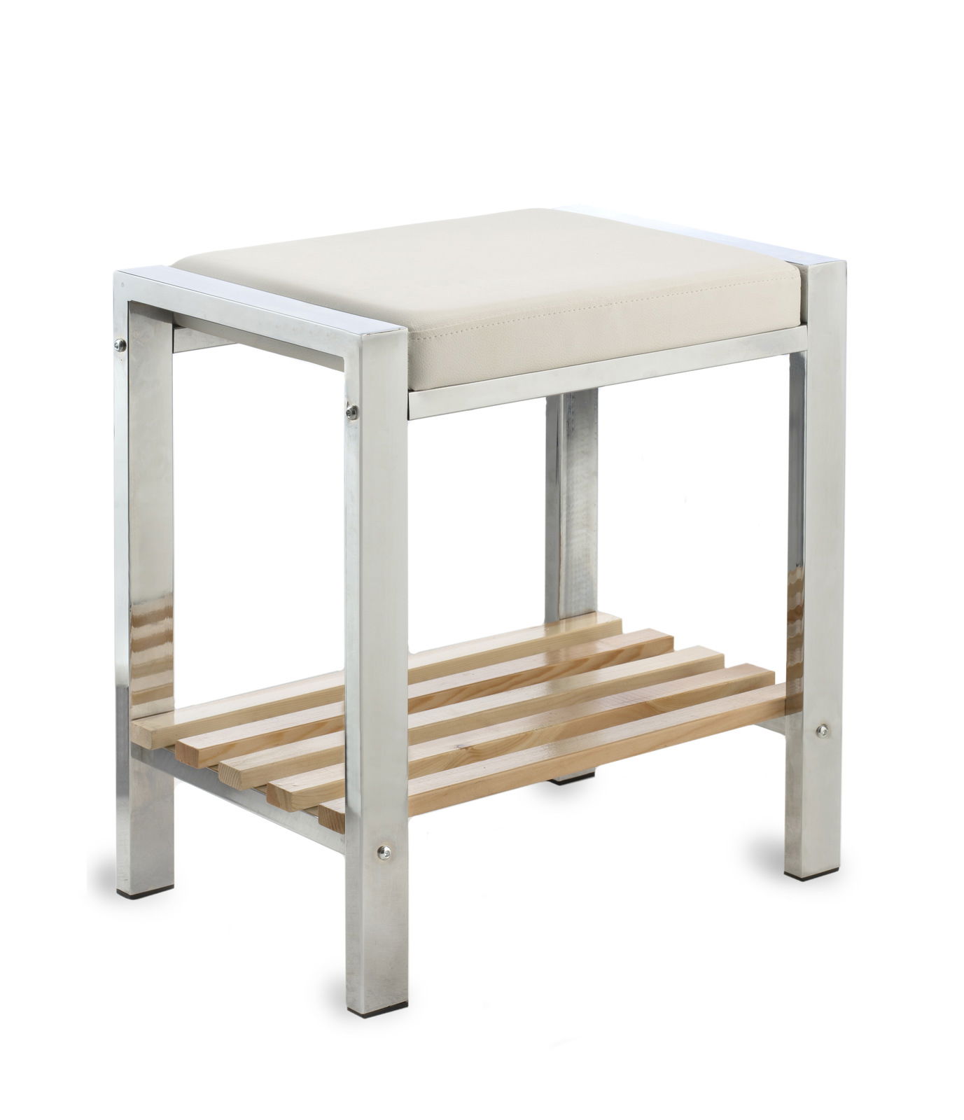 Moderner Hocker mit Ablage aus Metall und Holz, seitliche Perspektive