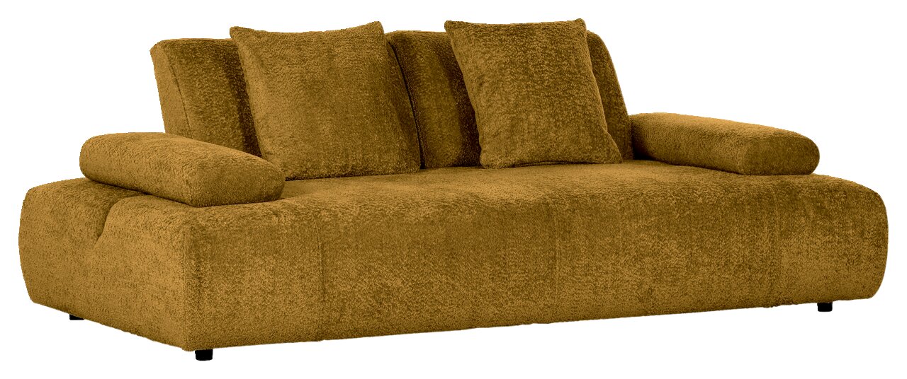 Gemütliches, senfgelbes 2-Sitzer-Sofa mit weichen Kissen, seitliche Perspektive