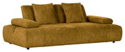 Gemütliches, senfgelbes 2-Sitzer-Sofa mit weichen Kissen, seitliche Perspektive