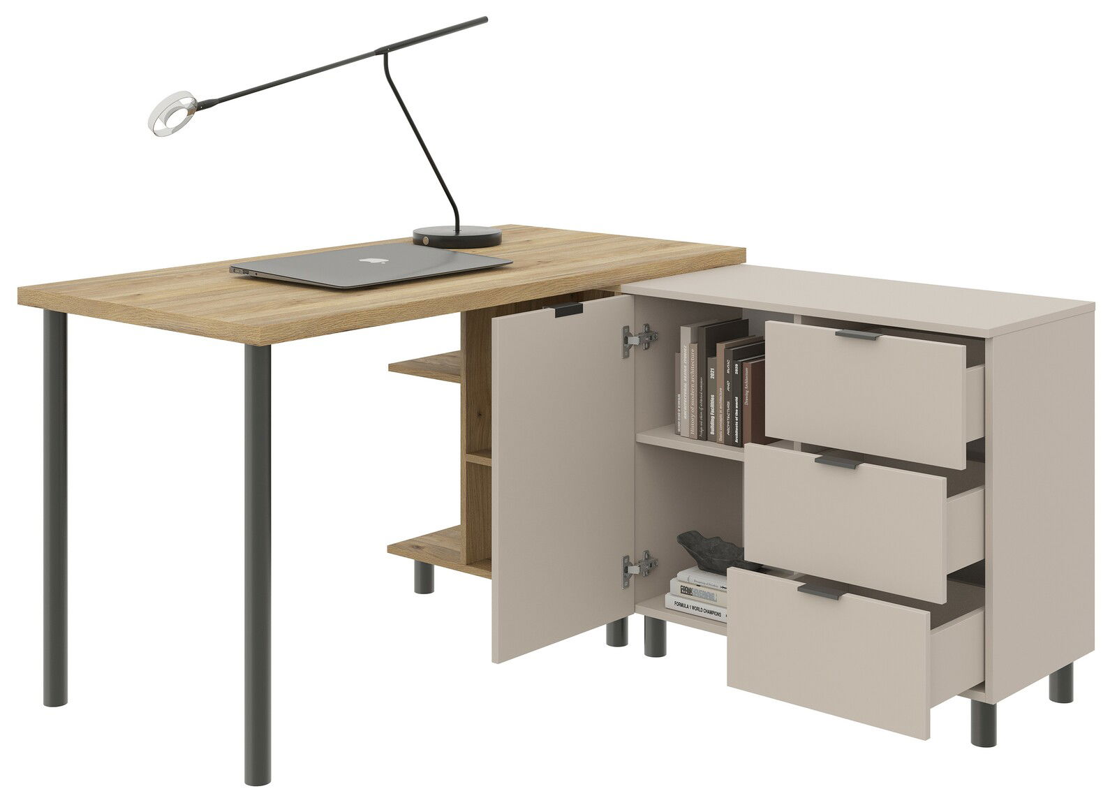 Eck-Schreibtischkombination mit Holzoberfläche, schwarzem Metallgestell und integriertem Stauraum, seitliche Perspektive