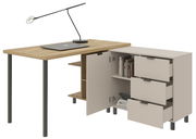 Eck-Schreibtischkombination mit Holzoberfläche, schwarzem Metallgestell und integriertem Stauraum, seitliche Perspektive