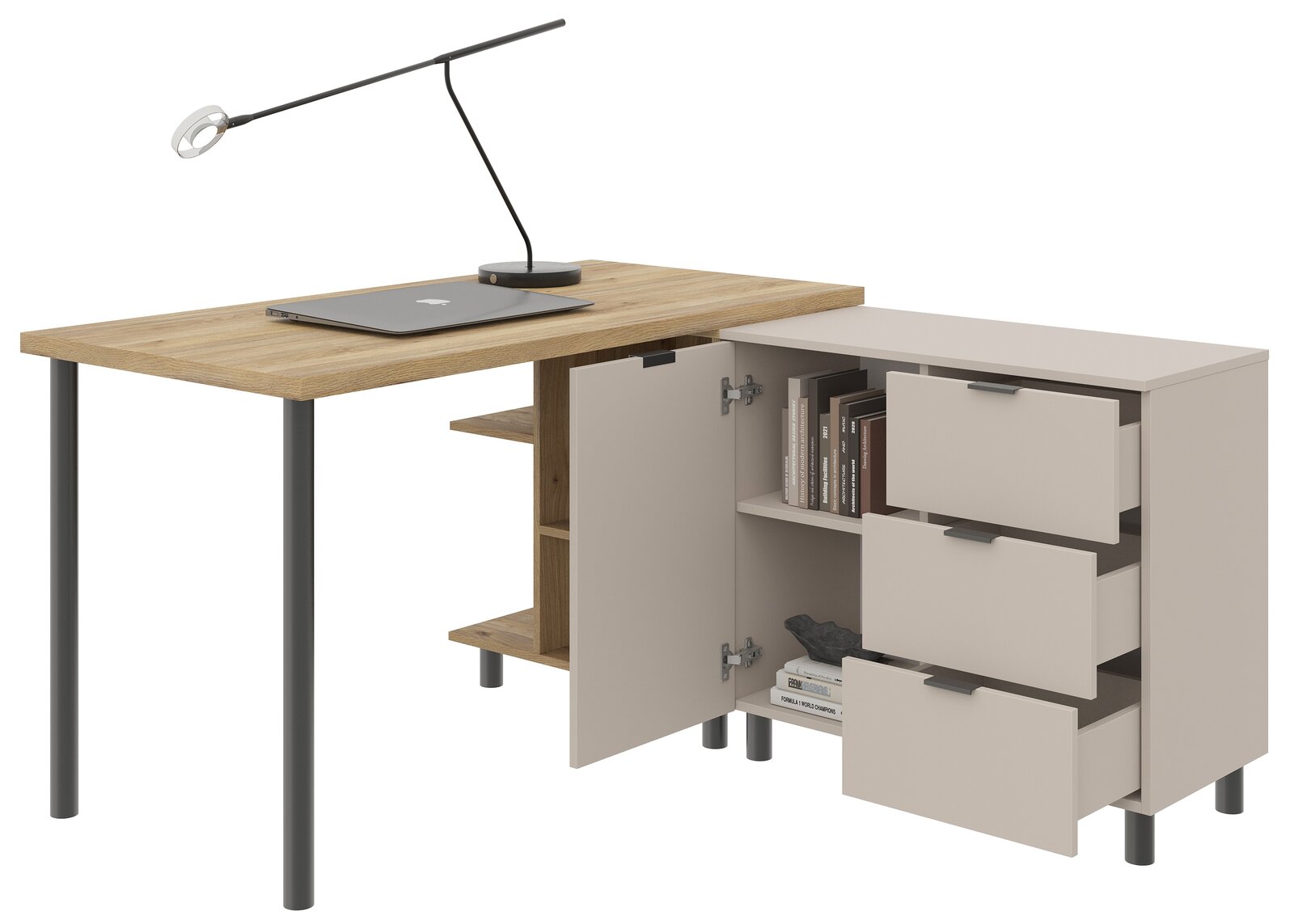 Eck-Schreibtischkombination mit Holzoberfläche, schwarzem Metallgestell und integriertem Stauraum, seitliche Perspektive