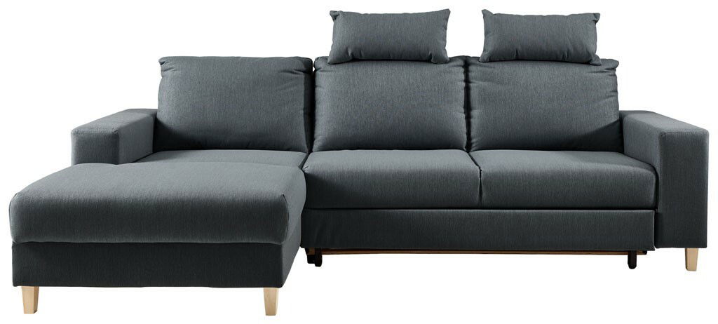 Graues Sofa mit drei Kopfstützen, linke Perspektive mit Ottomane auf der linken Seite