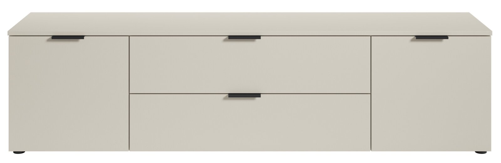 Vooraanzicht van een modern, crèmekleurig tv-lowboard met drie lades en zwarte handgrepen.