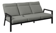 Gartenbank 3er mit grauen Polstern und schwarzem Metallrahmen, seitliche Perspektive