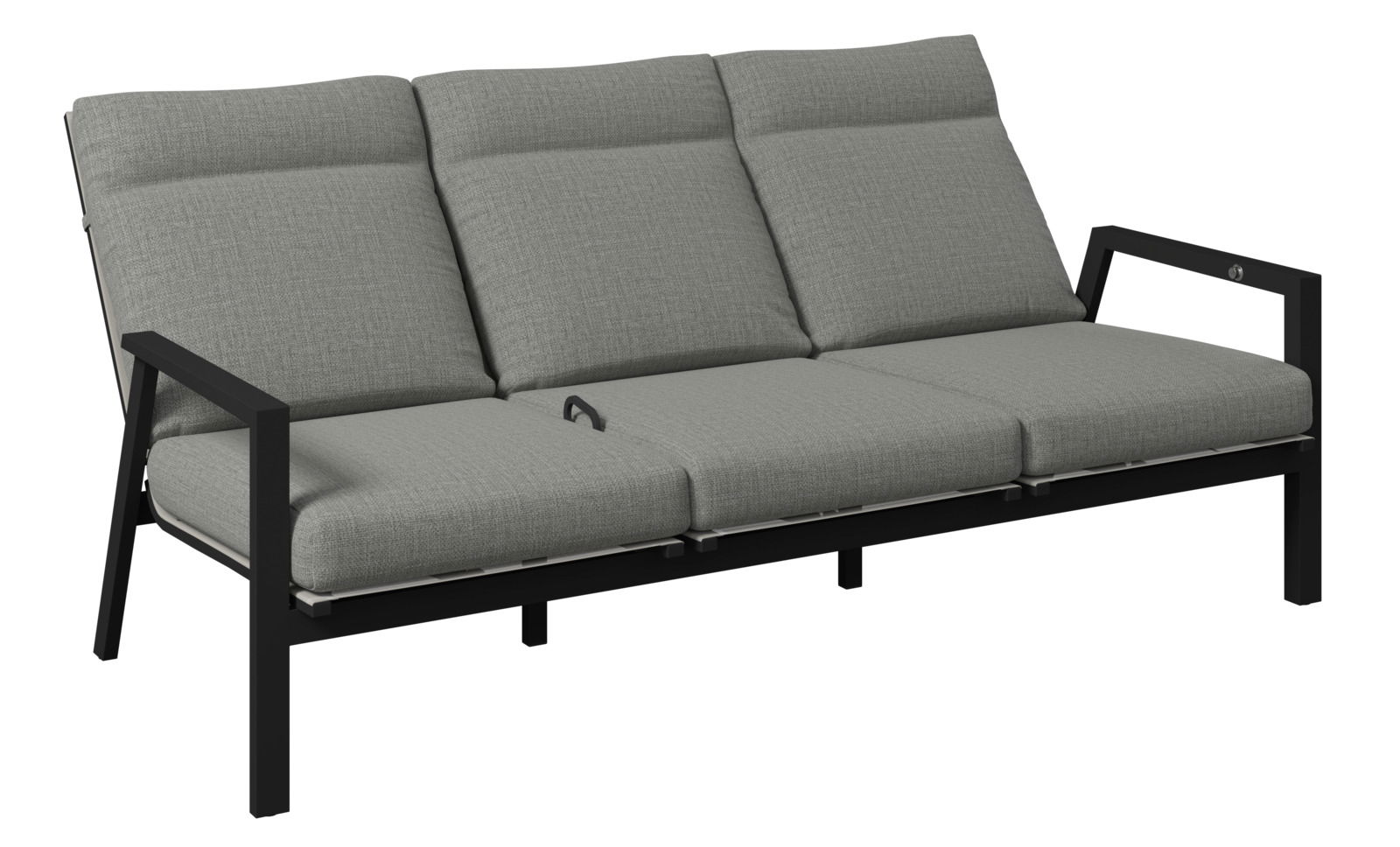 Gartenbank 3er mit grauen Polstern und schwarzem Metallrahmen, seitliche Perspektive