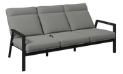 Gartenbank 3er mit grauen Polstern und schwarzem Metallrahmen, seitliche Perspektive