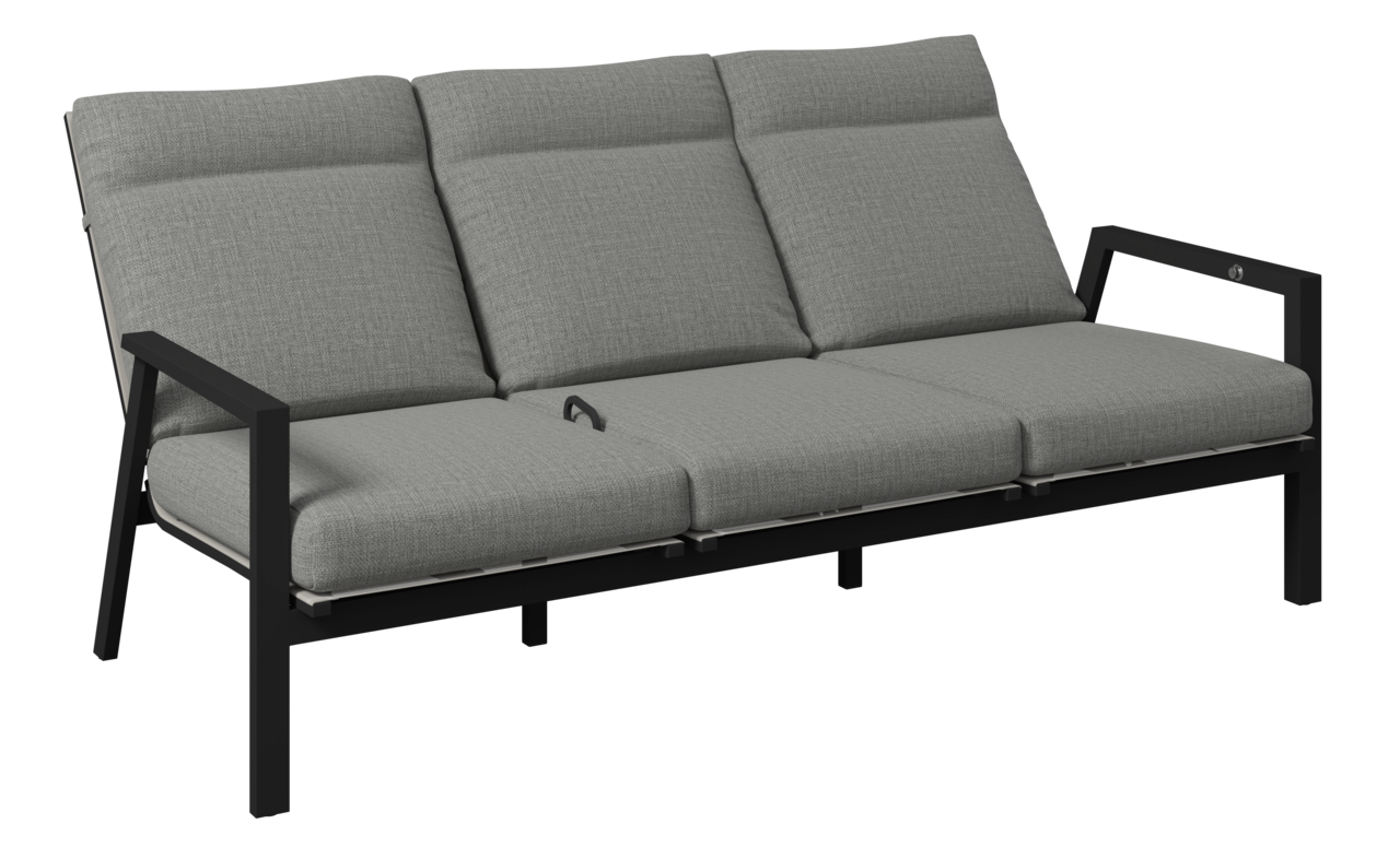 Gartenbank 3er mit grauen Polstern und schwarzem Metallrahmen, seitliche Perspektive