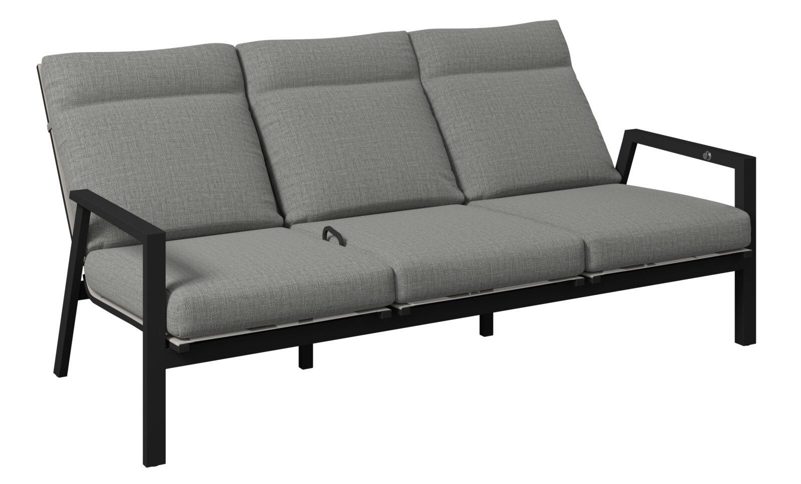 Gartenbank 3er mit grauen Polstern und schwarzem Metallrahmen, seitliche Perspektive