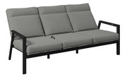 Gartenbank 3er mit grauen Polstern und schwarzem Metallrahmen, seitliche Perspektive