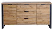 Frontale Ansicht eines modernen Sideboards aus Holz mit drei Schubladen und zwei Türen, schwarzer Rahmen und Griffe.