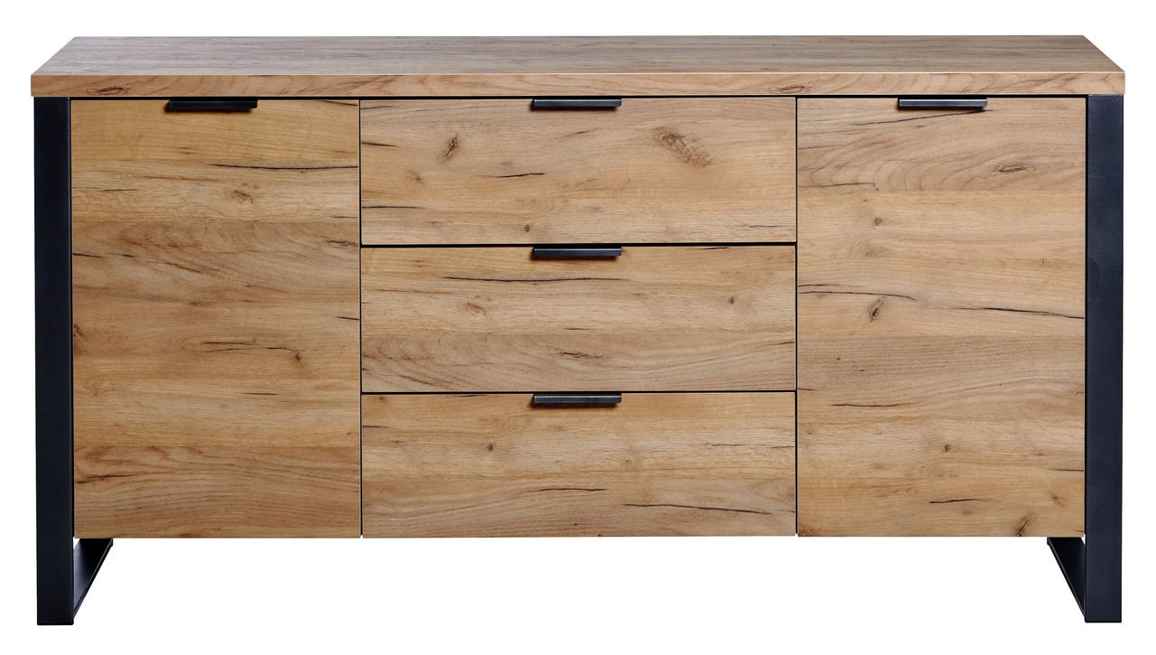 Frontale Ansicht eines modernen Sideboards aus Holz mit drei Schubladen und zwei Türen, schwarzer Rahmen und Griffe.