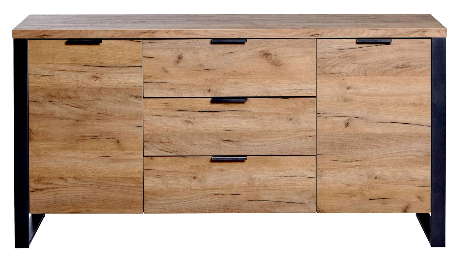 Frontale Ansicht eines modernen Sideboards aus Holz mit drei Schubladen und zwei Türen, schwarzer Rahmen und Griffe.