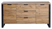 Frontale Ansicht eines modernen Sideboards aus Holz mit drei Schubladen und zwei Türen, schwarzer Rahmen und Griffe.
