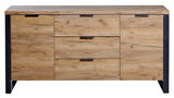 Frontale Ansicht eines modernen Sideboards aus Holz mit drei Schubladen und zwei Türen, schwarzer Rahmen und Griffe.