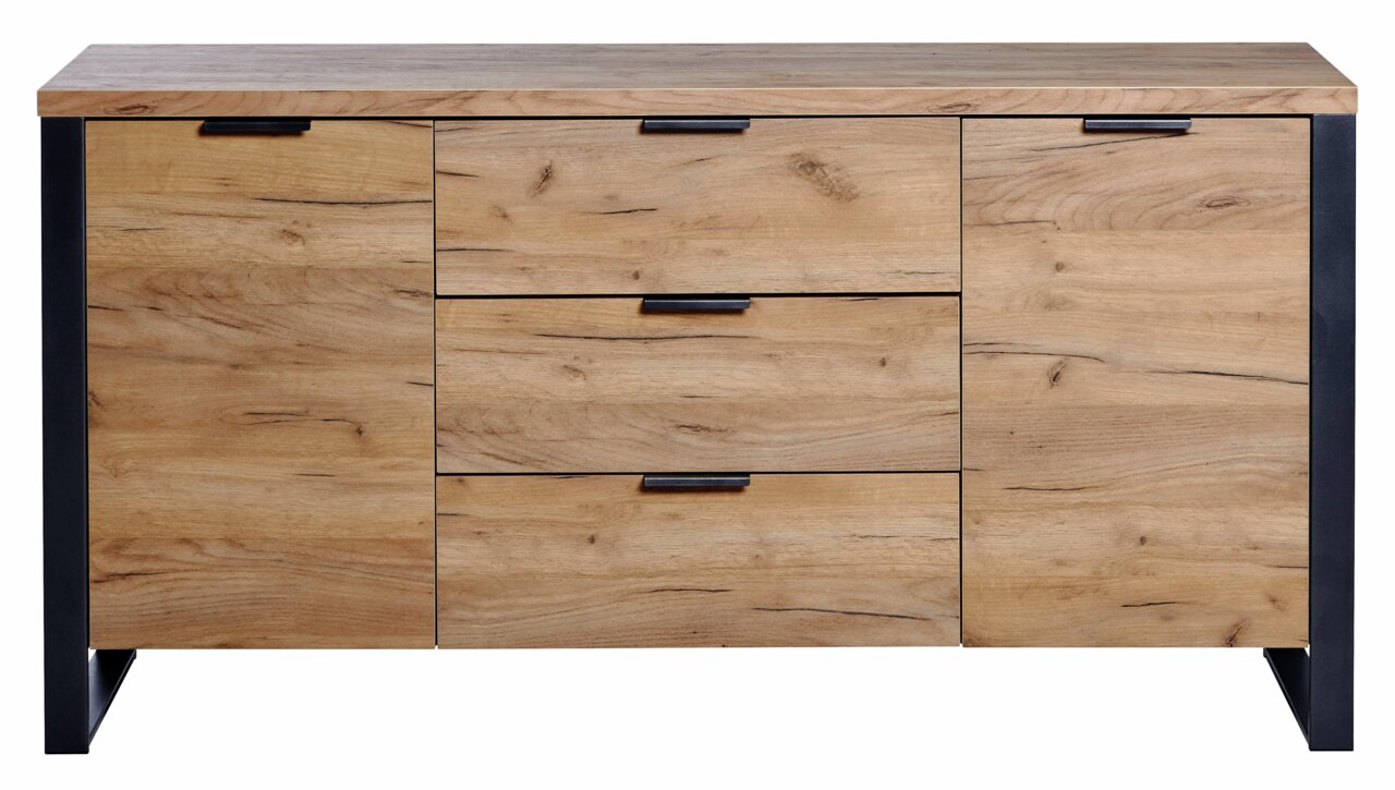 Vooraanzicht van een modern houten dressoir met drie lades en twee deuren, met zwarte randen en handgrepen.