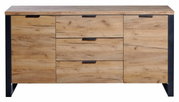 Vooraanzicht van een modern houten dressoir met drie lades en twee deuren, met zwarte randen en handgrepen.
