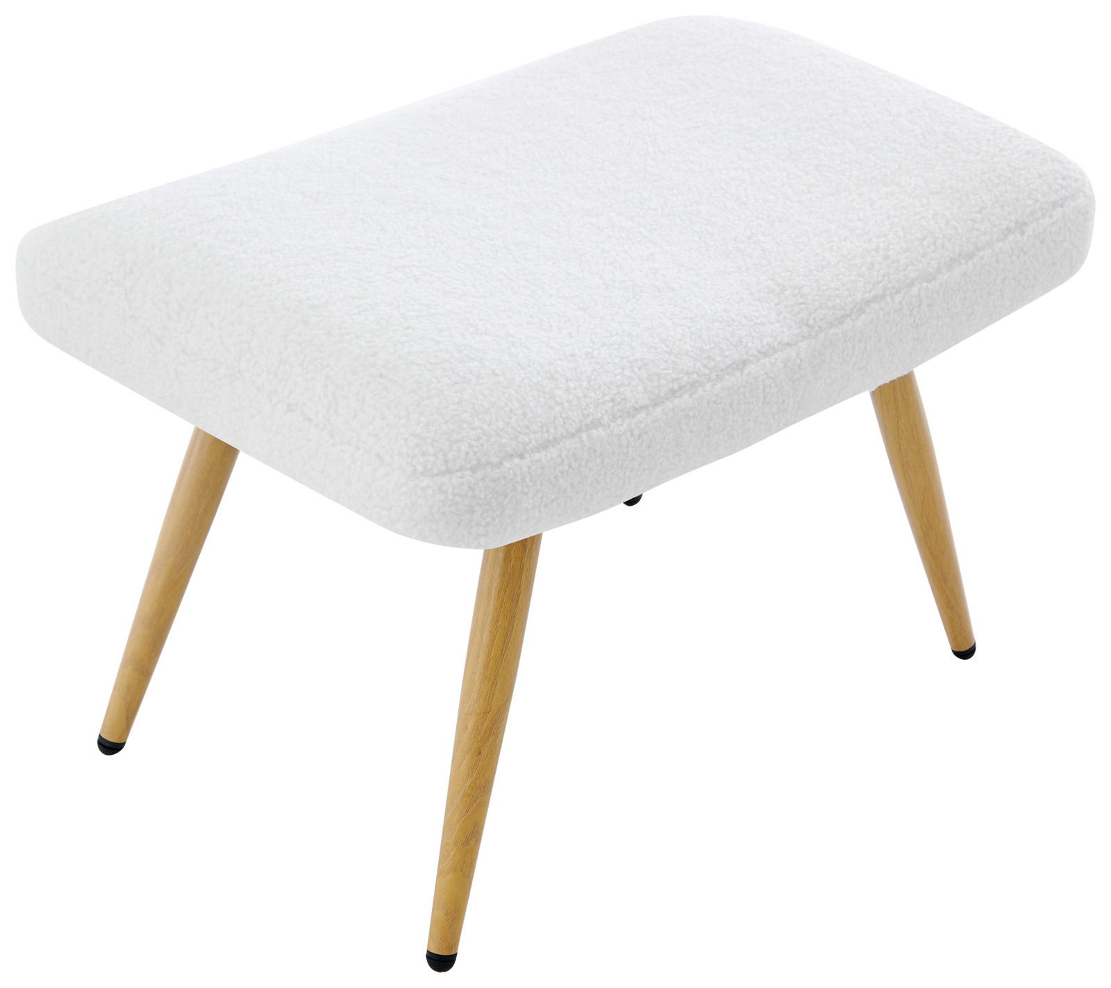 Moderner Hocker mit weißem Polster und Holzbeinen, seitliche Perspektive