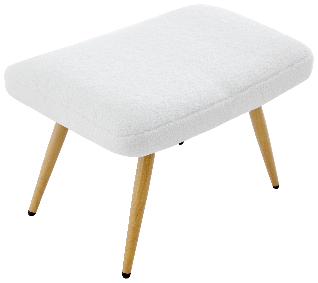 Moderner Hocker mit weißem Polster und Holzbeinen, seitliche Perspektive