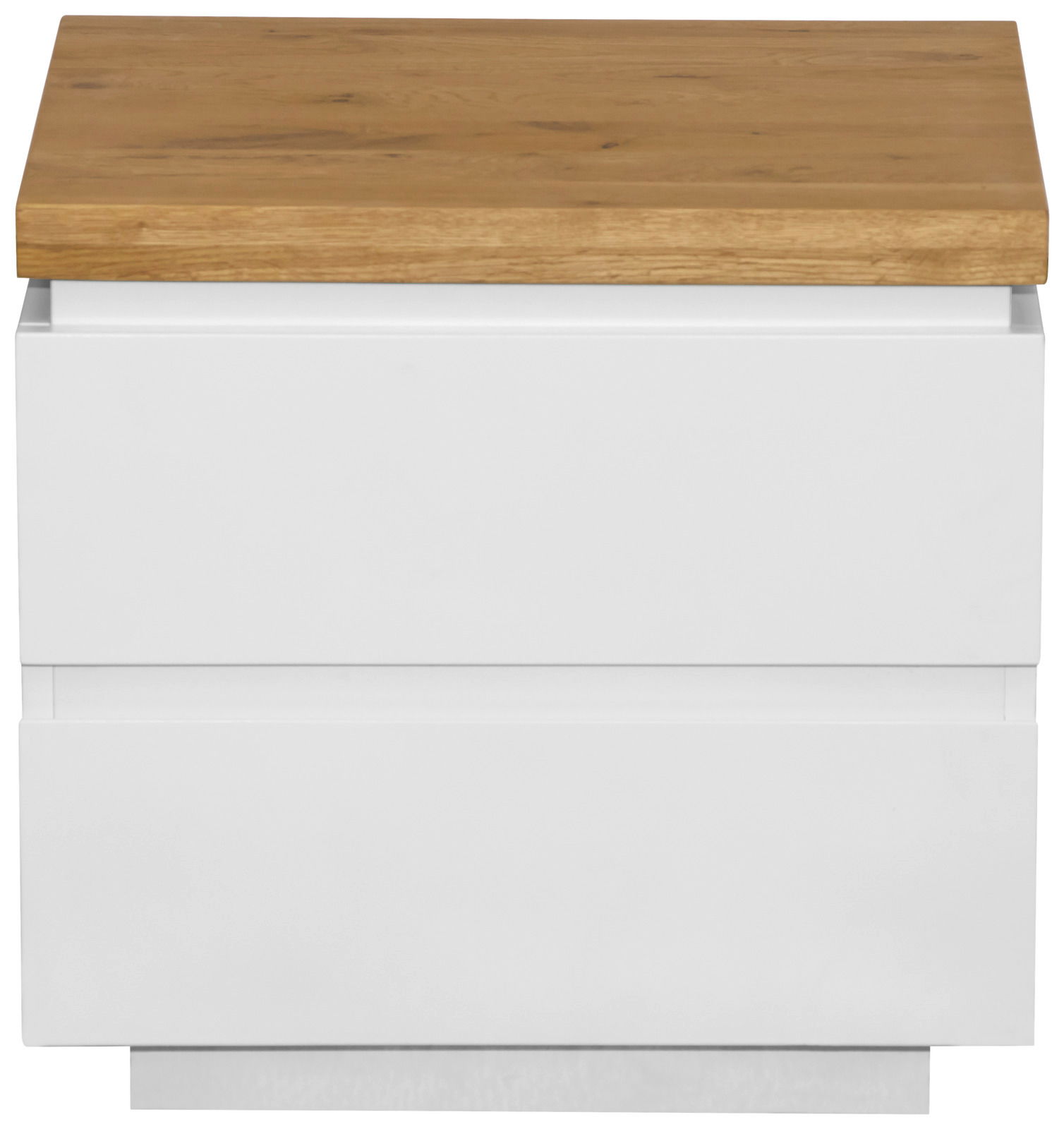 Moderne Nachtkommode mit weißem Korpus und Holzoberfläche, Frontalansicht
