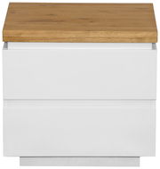 Moderne Nachtkommode mit weißem Korpus und Holzoberfläche, Frontalansicht