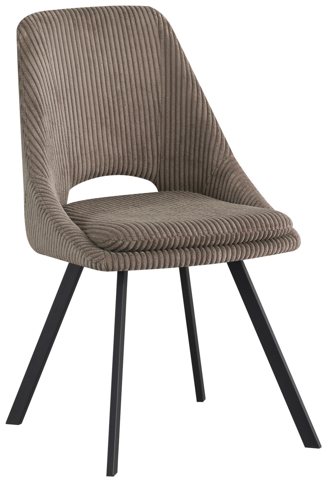 Moderner Stuhl mit geripptem Stoffbezug und schwarzen Metallbeinen, seitliche Perspektive