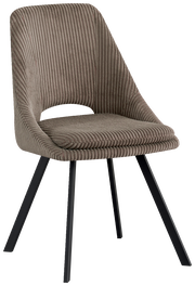 Moderner Stuhl mit geripptem Stoffbezug und schwarzen Metallbeinen, seitliche Perspektive